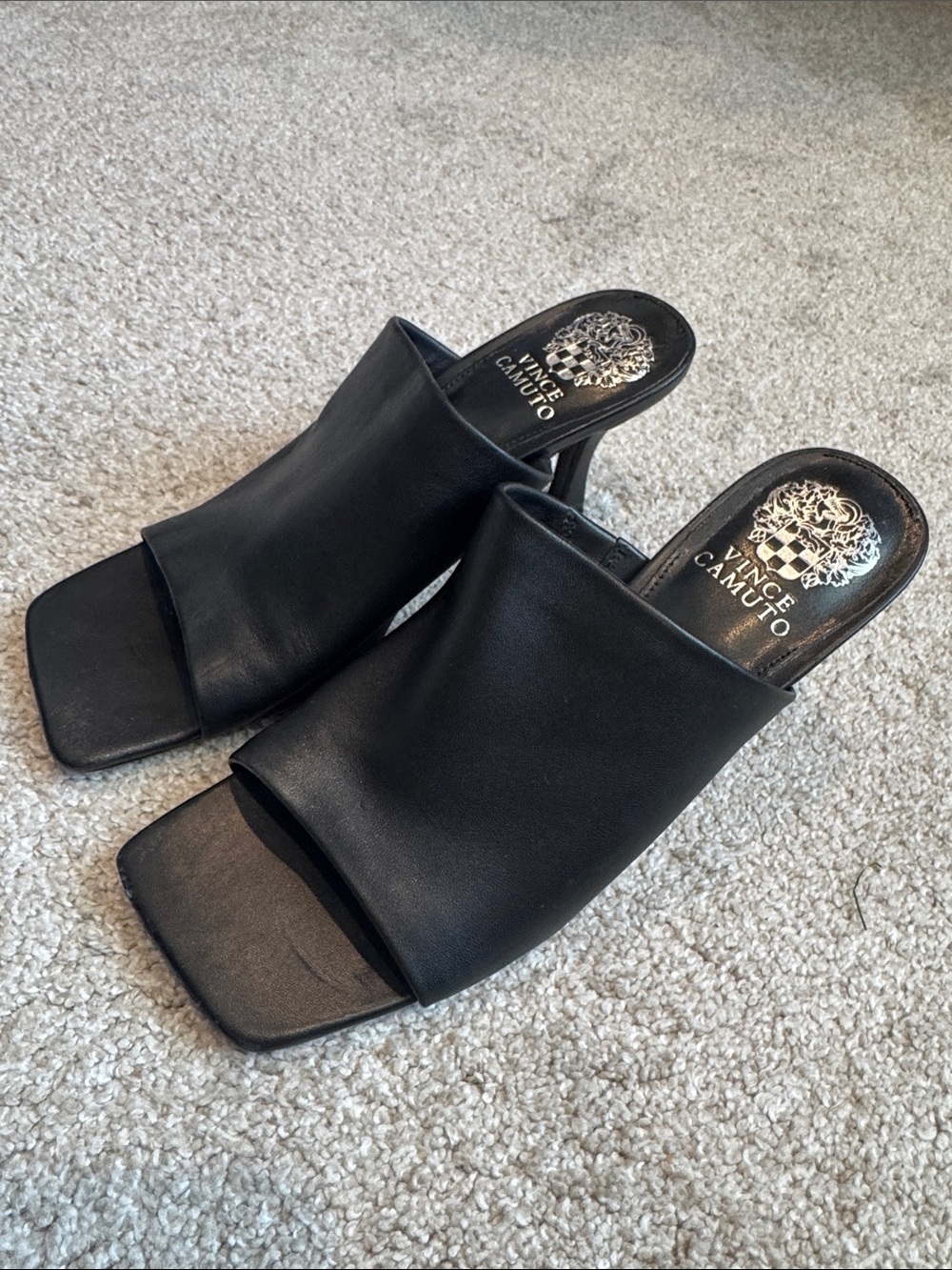 Vince Camuto Black Leather Open-Toe Mule Heels 7